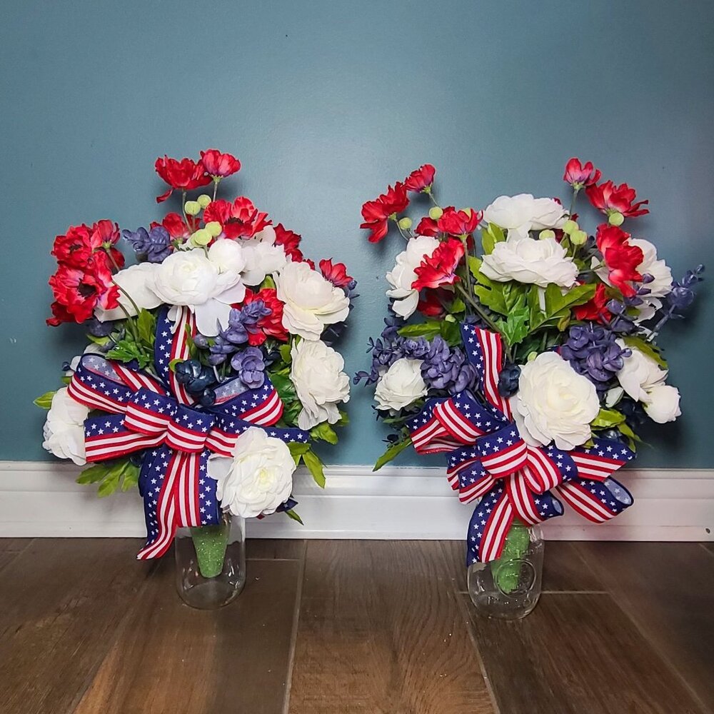 Patriotic Cemetery Vase Floral Arrangement - Red, White, & Blue Memorial Flowers